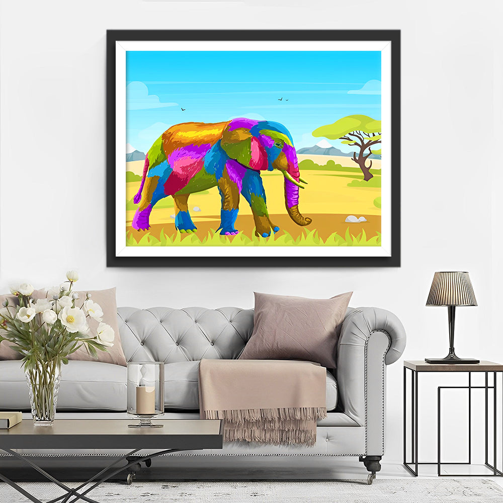 Kleurrijke Olifant op de Graslanden Diamond Painting