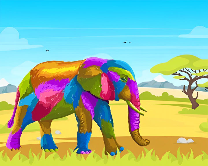 Kleurrijke Olifant op de Graslanden Diamond Painting