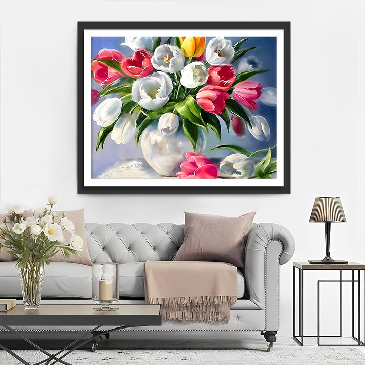 Kleurrijke Tulpen in Witte Vaas Diamond Painting