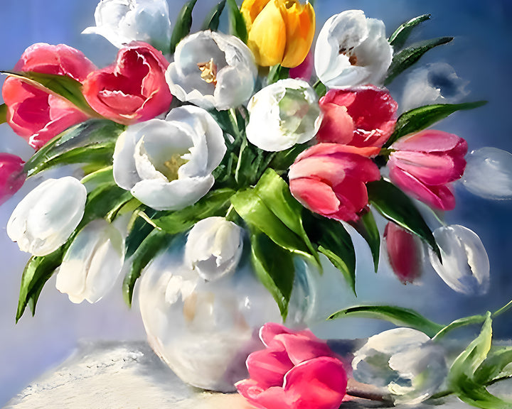 Kleurrijke Tulpen in Witte Vaas Diamond Painting