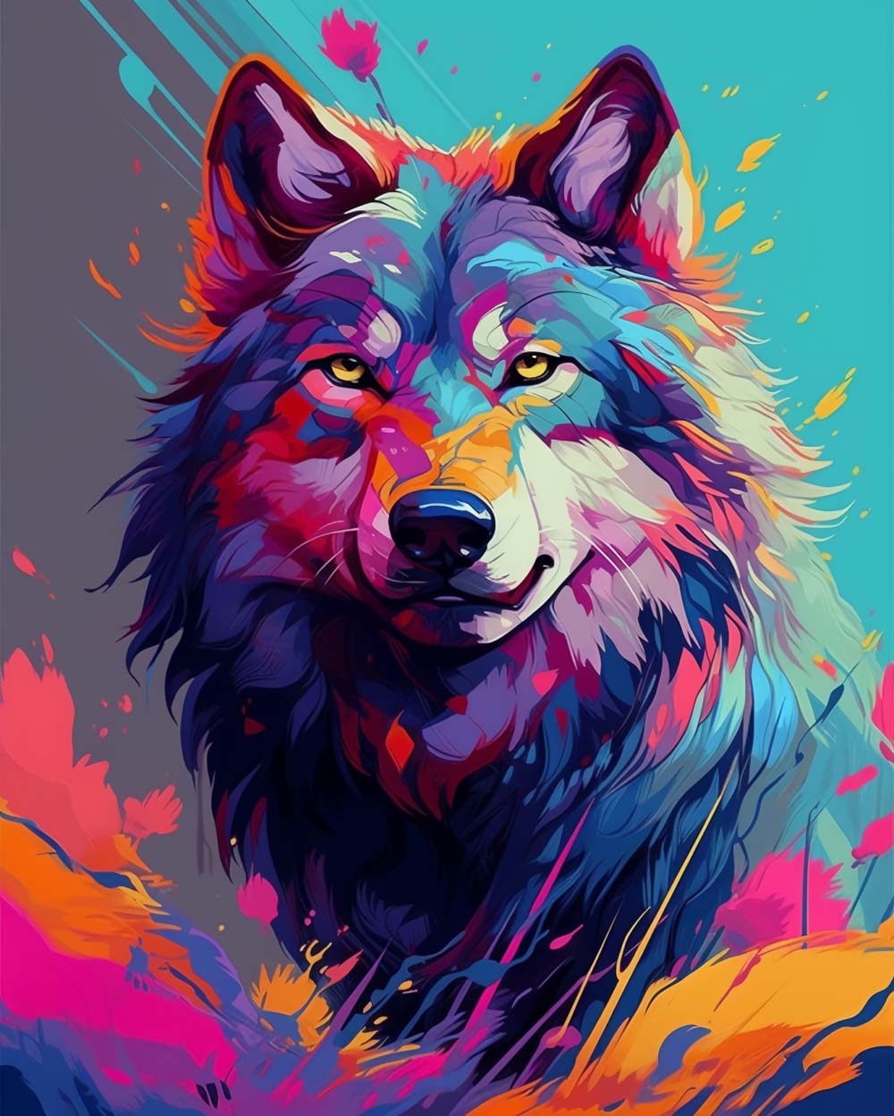 Kleurrijke Wolf met Felle Ogen Diamond Painting
