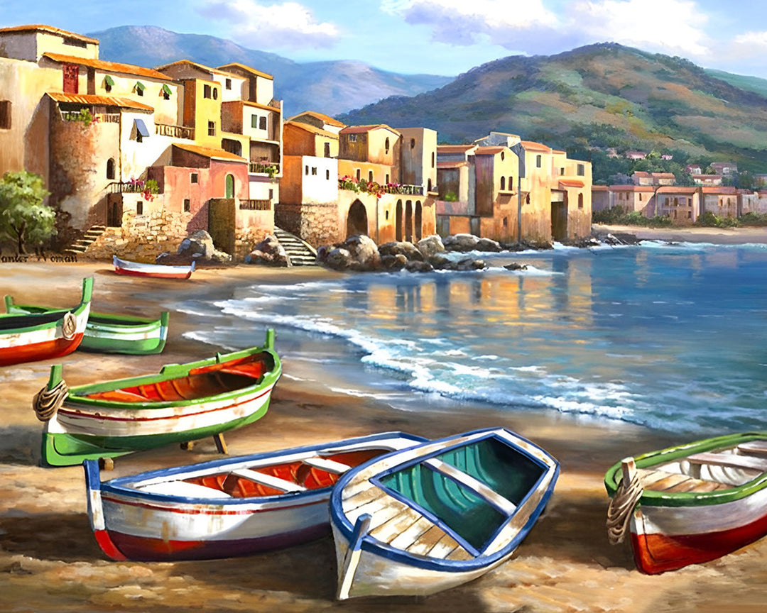 Kleurrijke Zee Botens op het Strand Diamond Painting