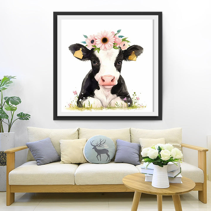 Koe met Roze Madeliefjes Diamond Painting