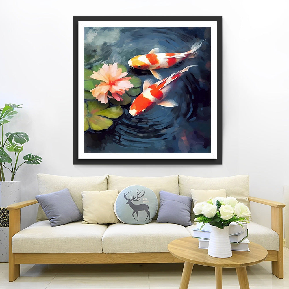 Koi en Roze Bloem in de Vijver Diamond Painting
