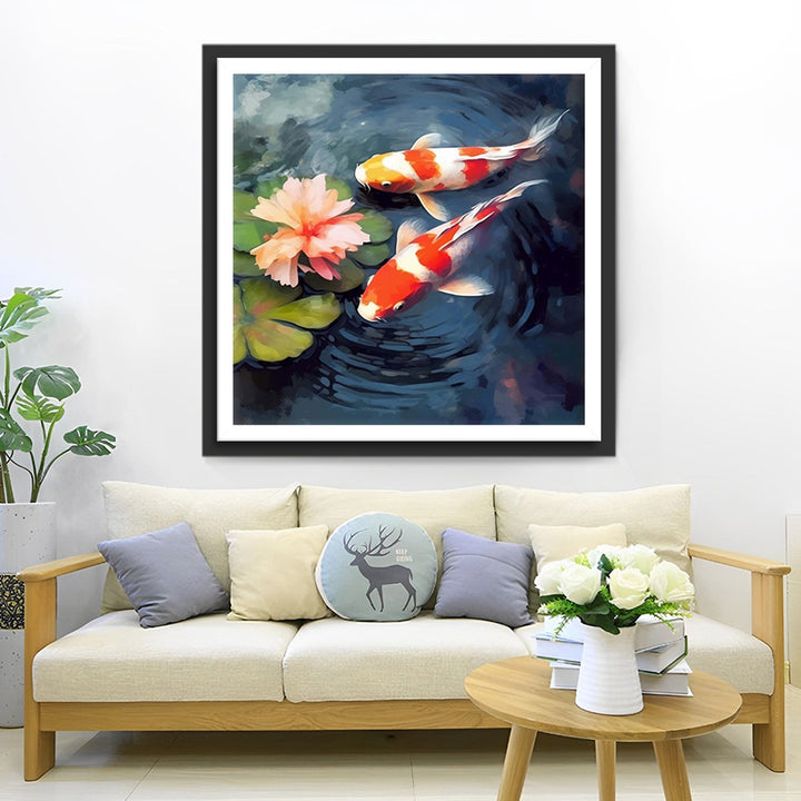 Koi en Roze Bloem in de Vijver Diamond Painting