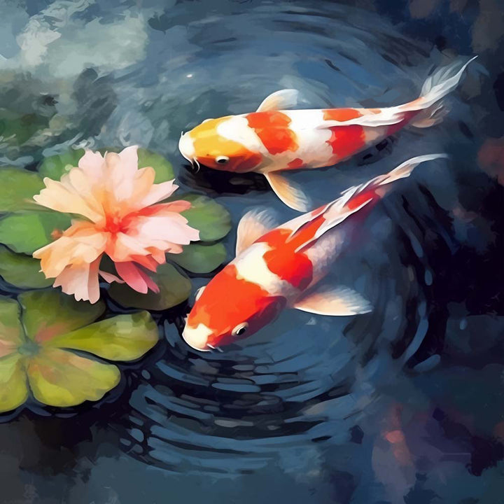 Koi en Roze Bloem in de Vijver Diamond Painting