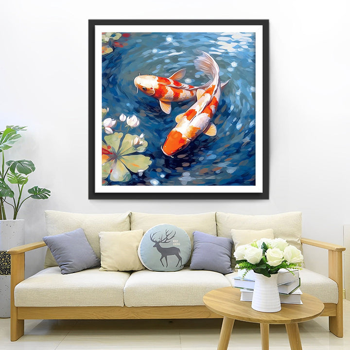 Koi en Witte Lotus in de Vijver Diamond Painting