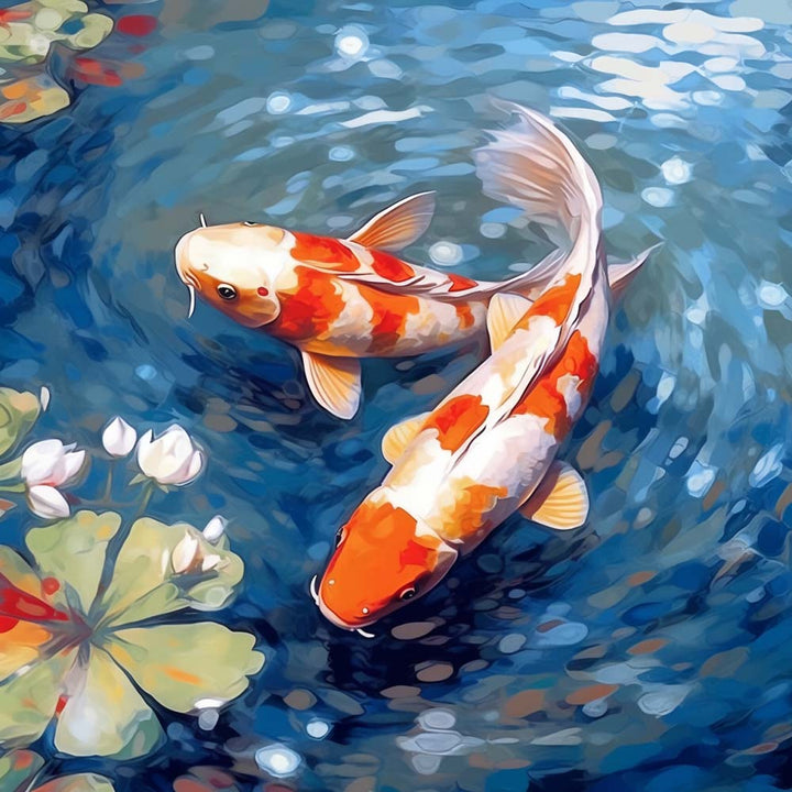 Koi en Witte Lotus in de Vijver Diamond Painting