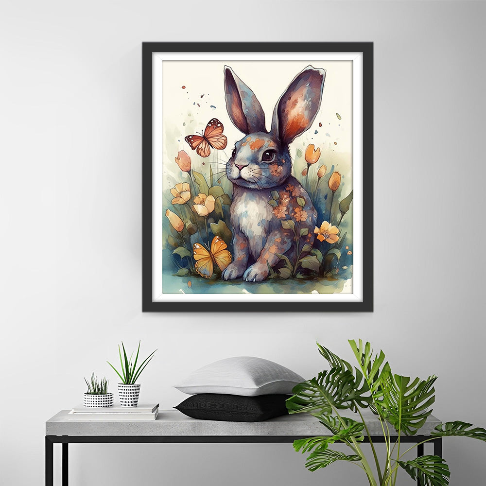 Konijn, Vlinder en Bloemen Diamond Painting