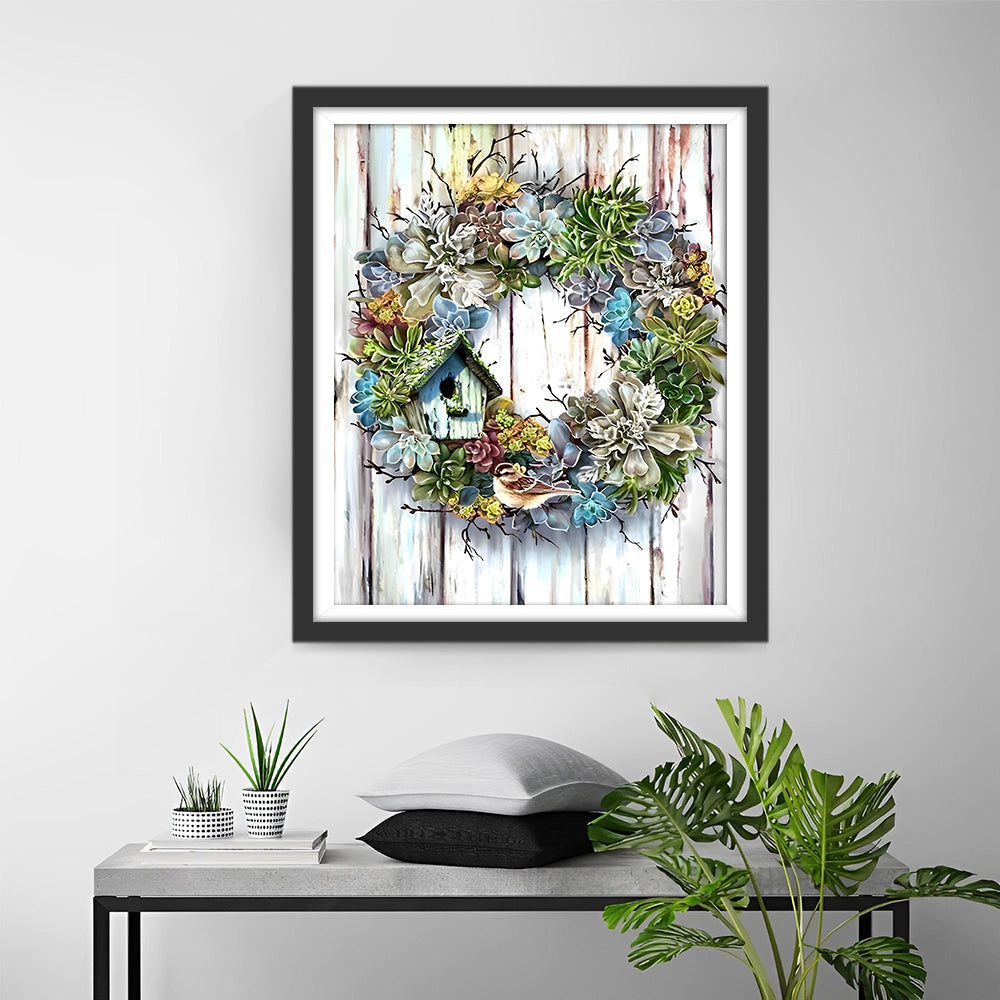 Krans op Houten Bord Diamond Painting