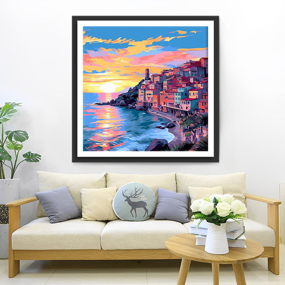 Kuststad bij de Avondschemering Diamond Painting