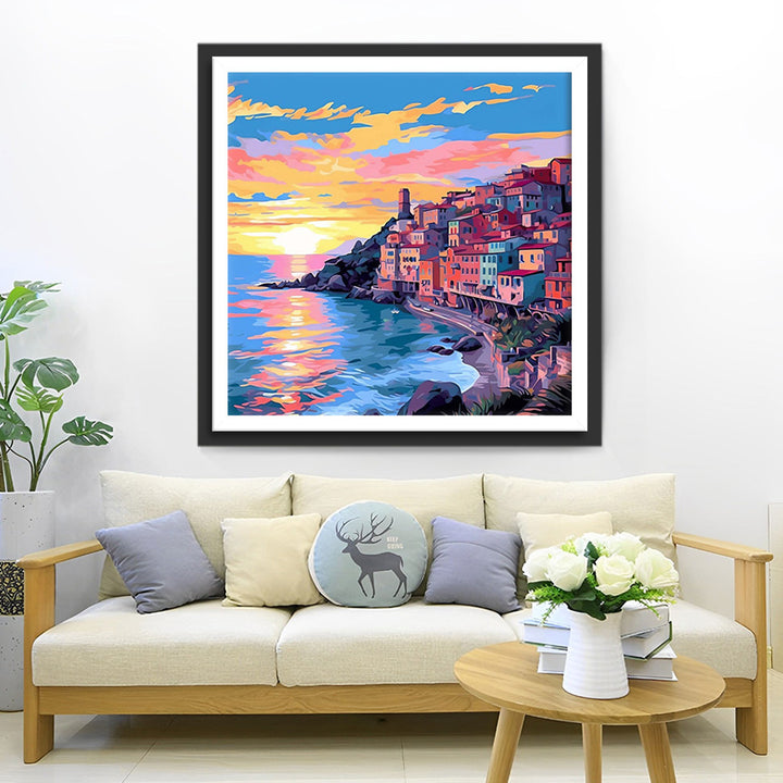 Kuststad bij de Avondschemering Diamond Painting