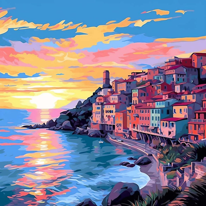 Kuststad bij de Avondschemering Diamond Painting