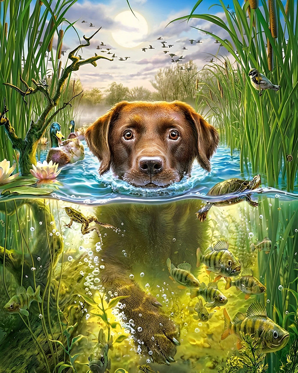 Labrador Retrievers Vissen in het Water Diamond Painting