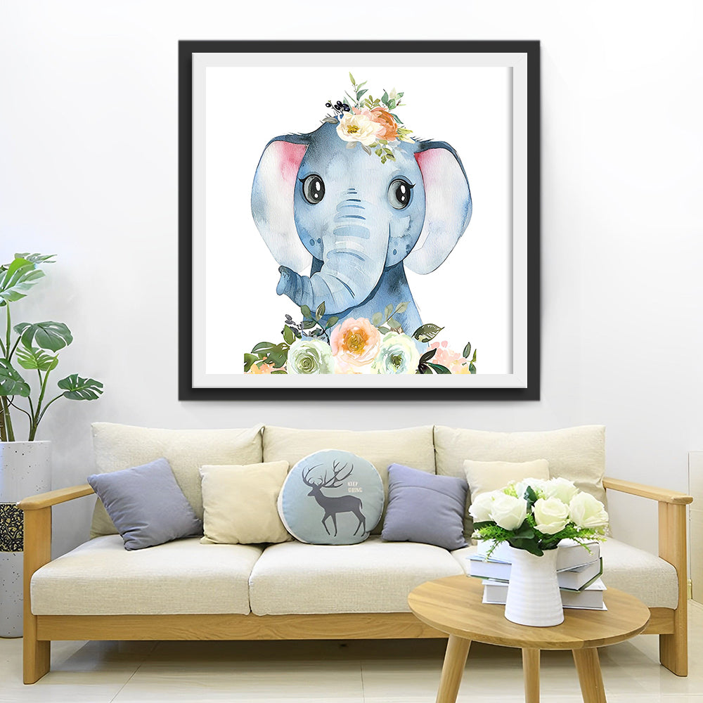 Lachende Olifantenbaby en Bloemen Diamond Painting