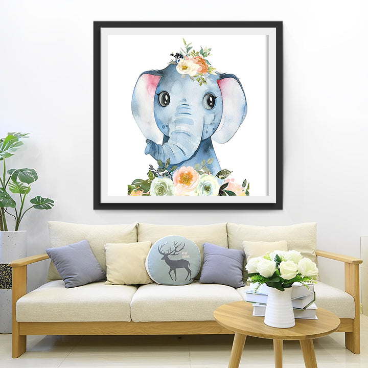 Lachende Olifantenbaby en Bloemen Diamond Painting