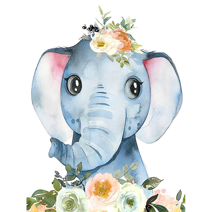 Lachende Olifantenbaby en Bloemen Diamond Painting