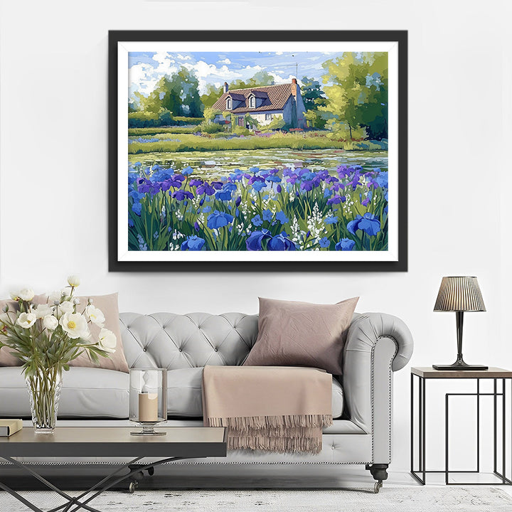Landhuis en Iris Bloemen Diamond Painting