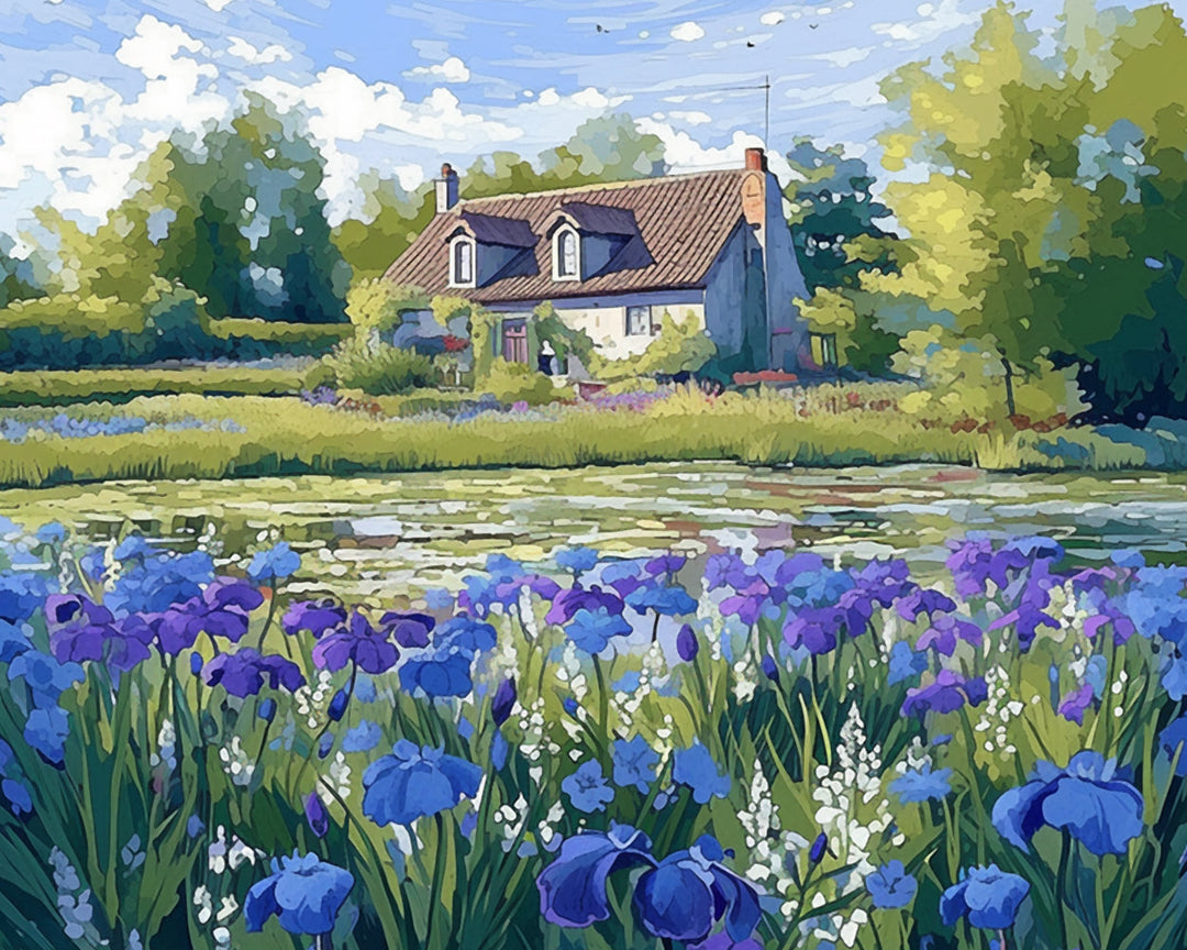 Landhuis en Iris Bloemen Diamond Painting
