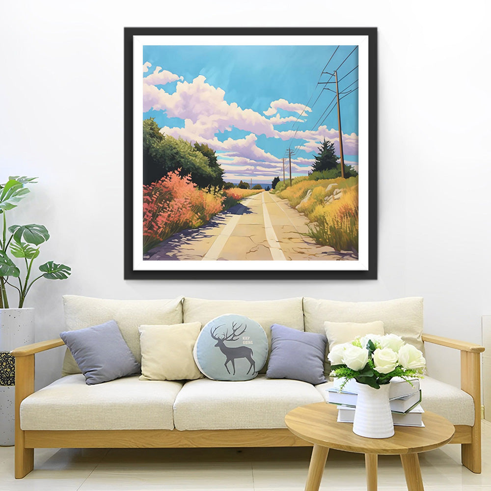 Landweg onder Blauwe Lucht Diamond Painting