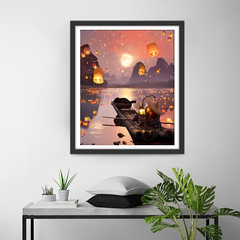 Lantaarns en Vlot op het Meer Diamond Painting