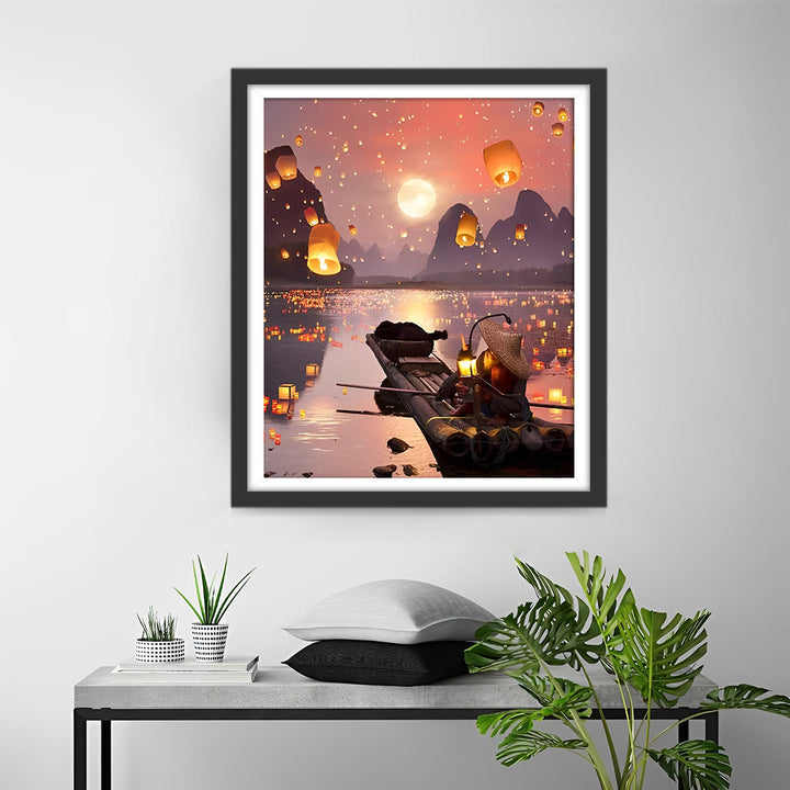 Lantaarns en Vlot op het Meer Diamond Painting