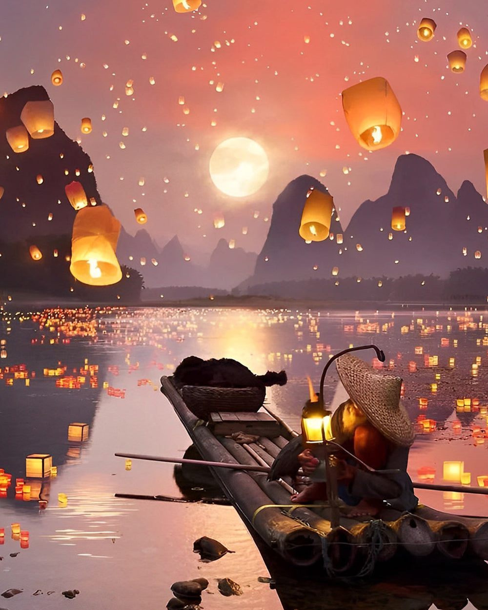 Lantaarns en Vlot op het Meer Diamond Painting