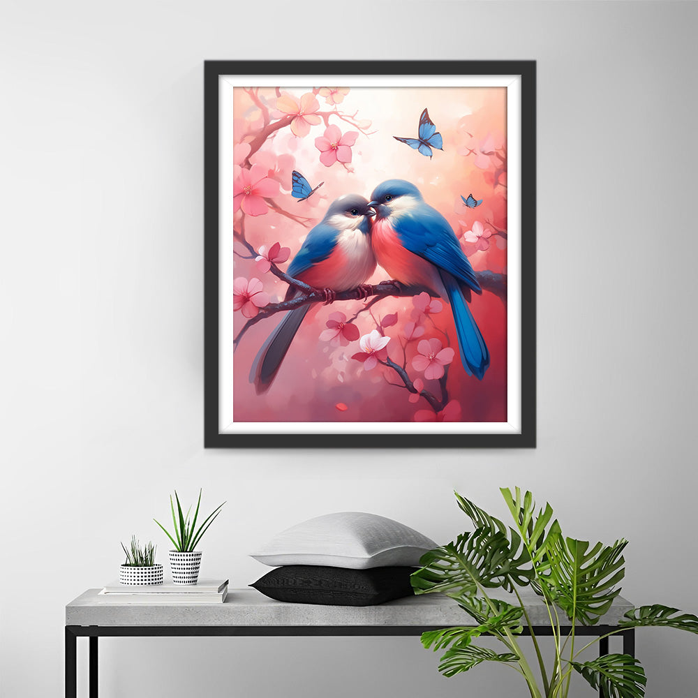 Liefdesvogels op Roze Bloesemboom Diamond Painting
