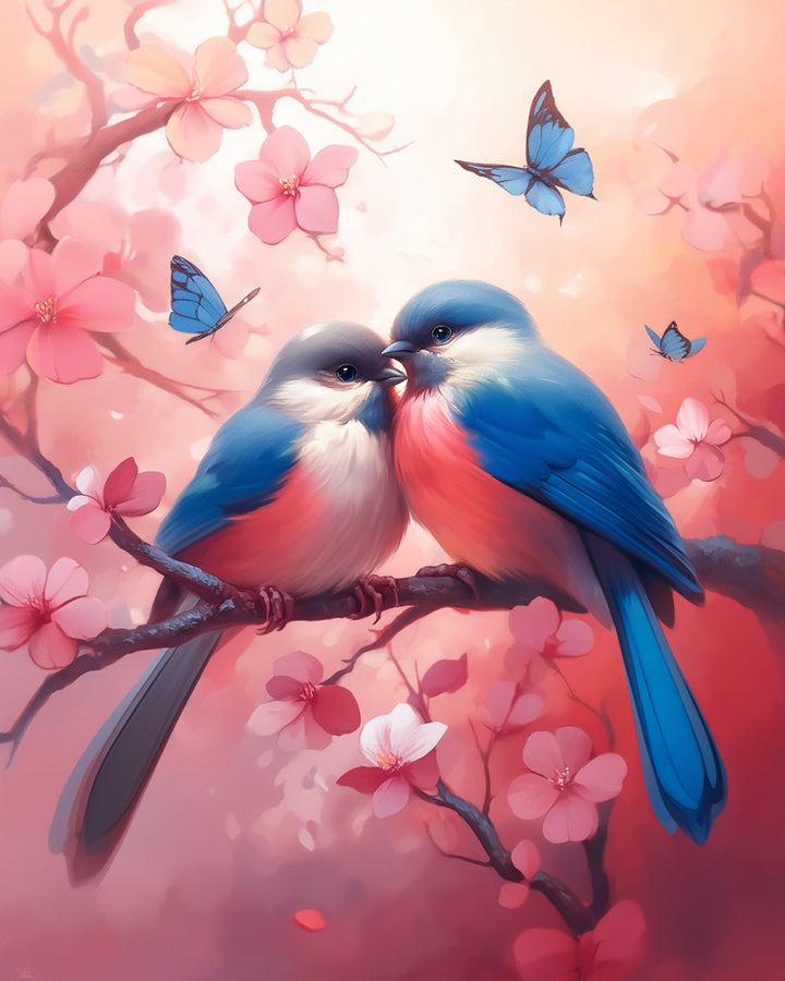 Liefdesvogels op Roze Bloesemboom Diamond Painting