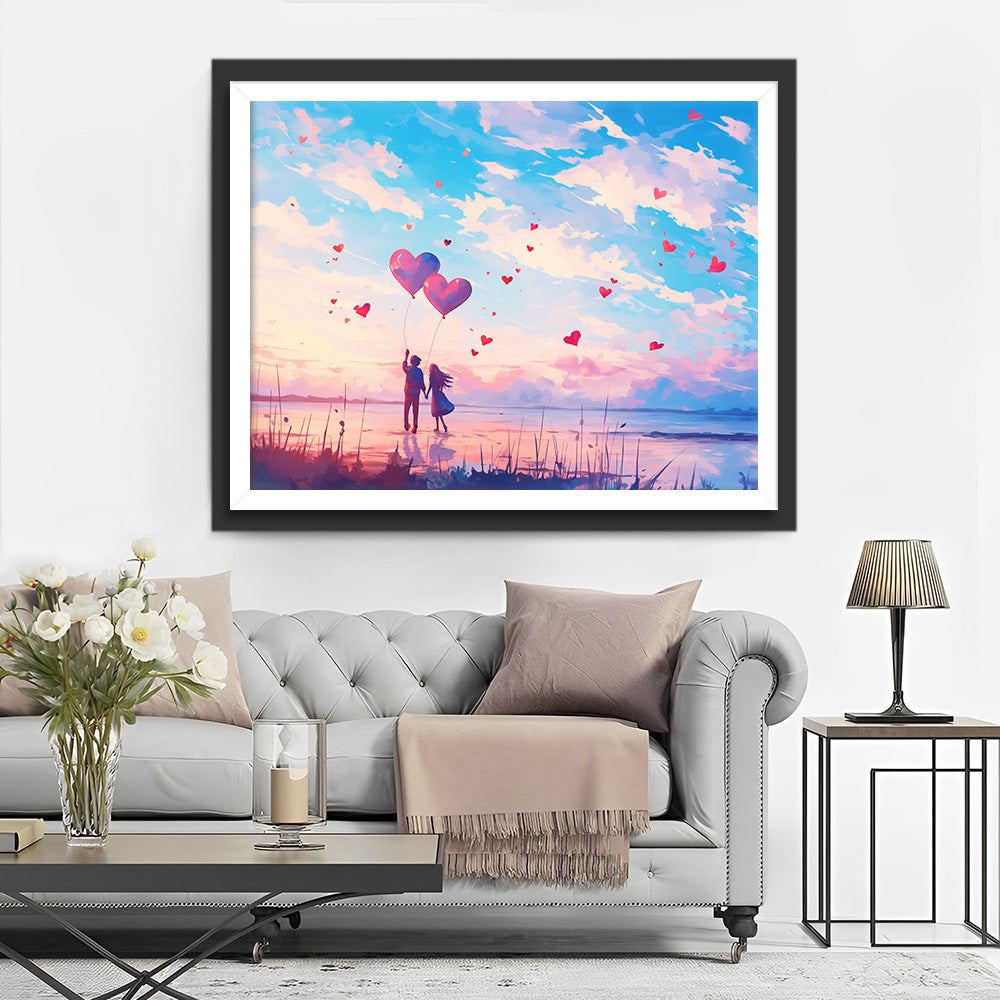 Liefdevol Stel onder Roze Lucht Diamond Painting