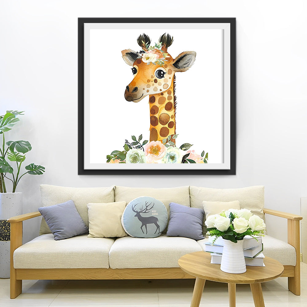 Lieve Giraffe en Bloemen Diamond Painting