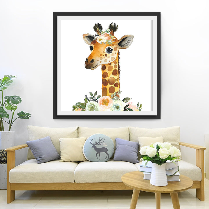 Lieve Giraffe en Bloemen Diamond Painting