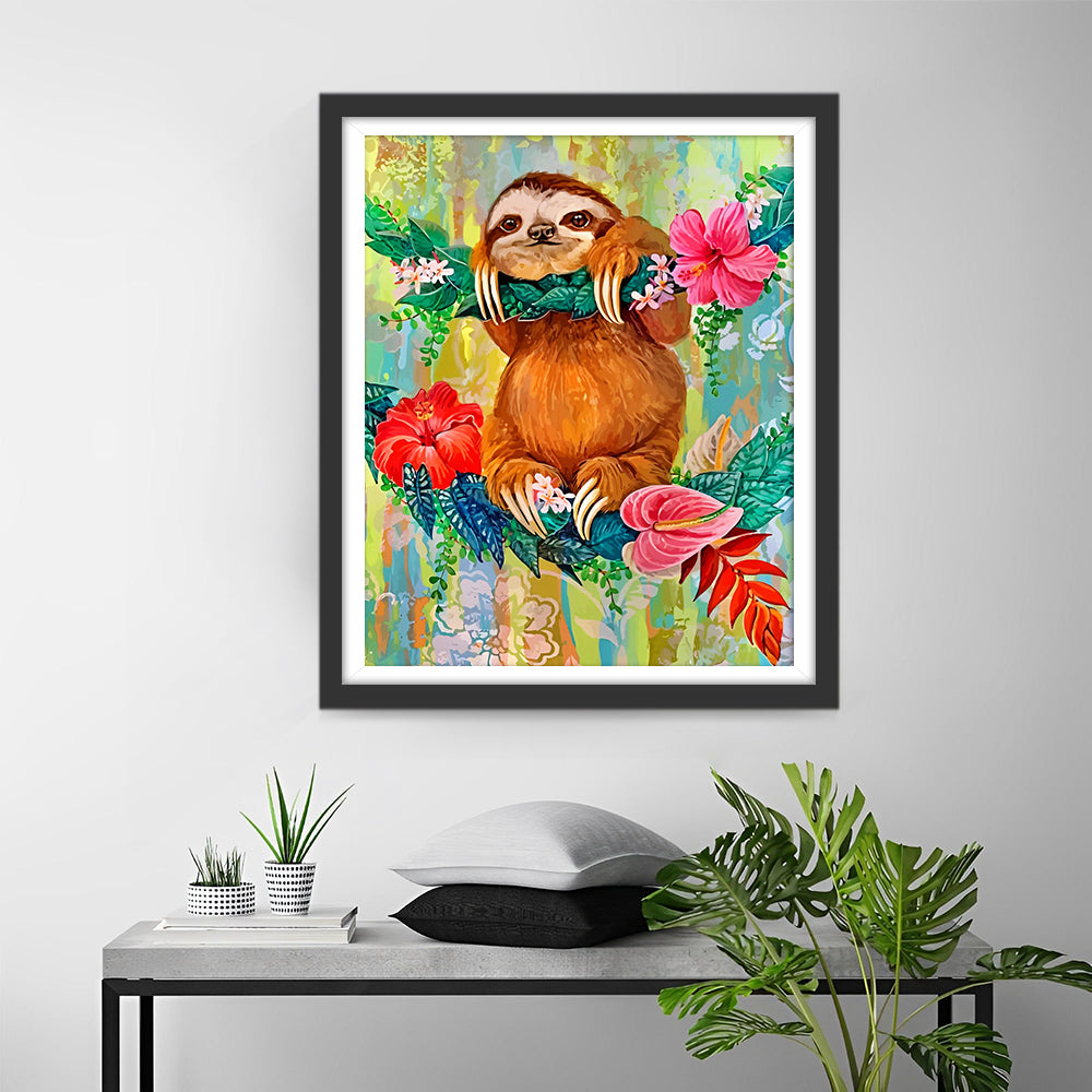 Luiaard Hangend aan een Bloemenboom Diamond Painting