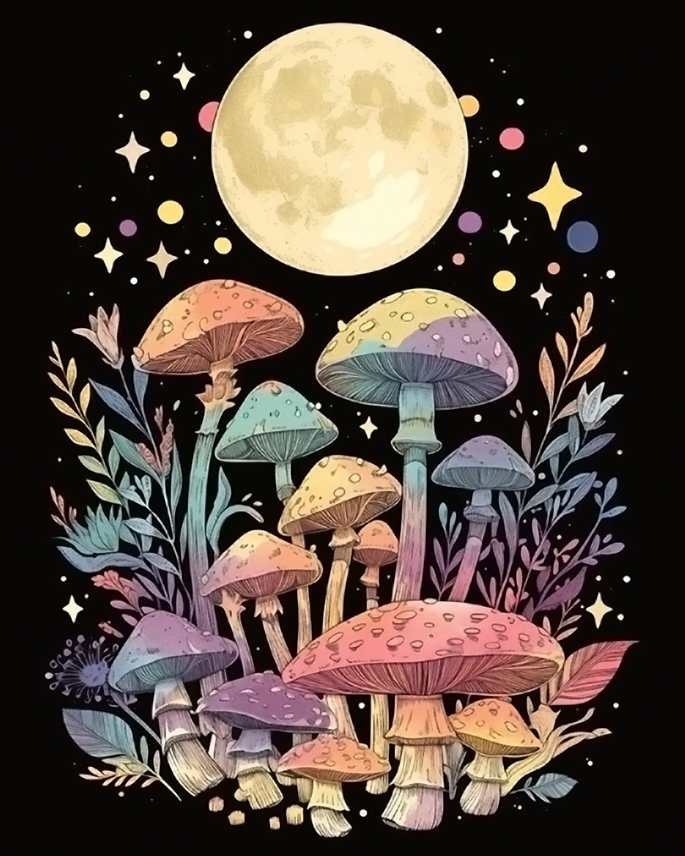 Maan en Kleurrijke Paddenstoelen Diamond Painting