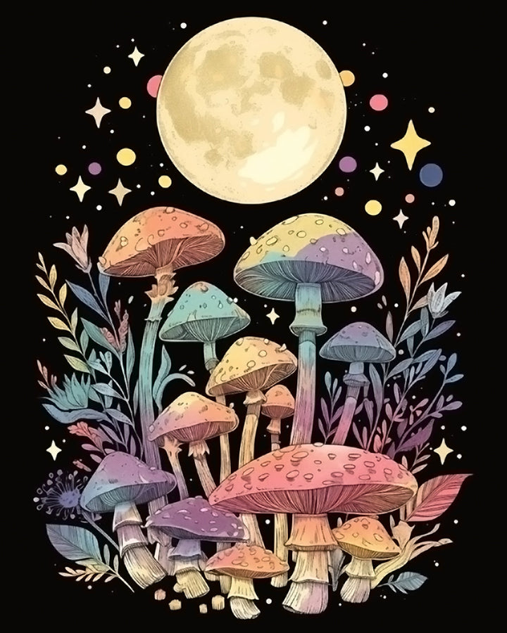 Maan en Kleurrijke Paddenstoelen Diamond Painting