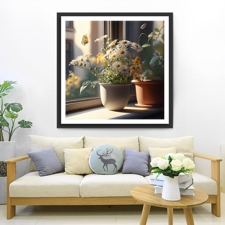 Madeliefjes in Pot op de Vensterbank Diamond Painting