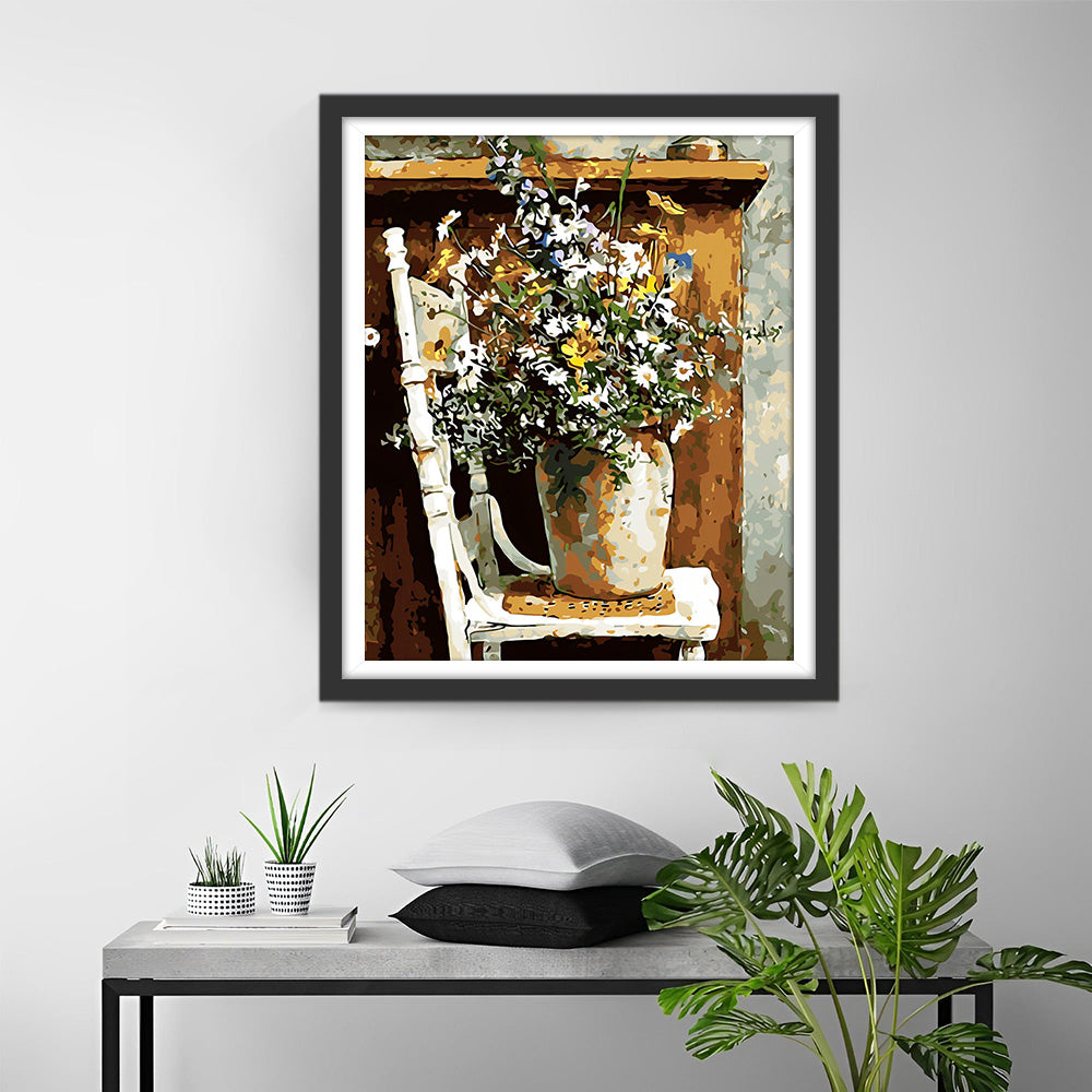 Madeliefjes Vaas op Stoel Diamond Painting