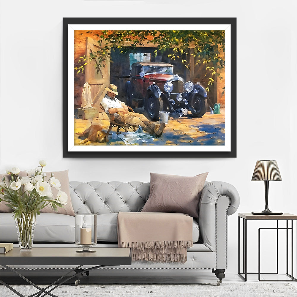 Man en Zijn Vintage Auto Diamond Painting