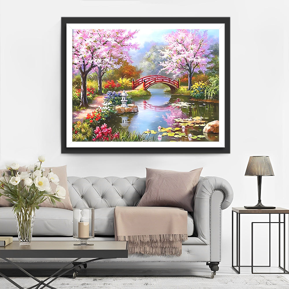 Meer, Brug en Roze Bloemenboom Diamond Painting