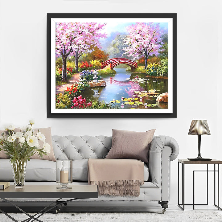 Meer, Brug en Roze Bloemenboom Diamond Painting