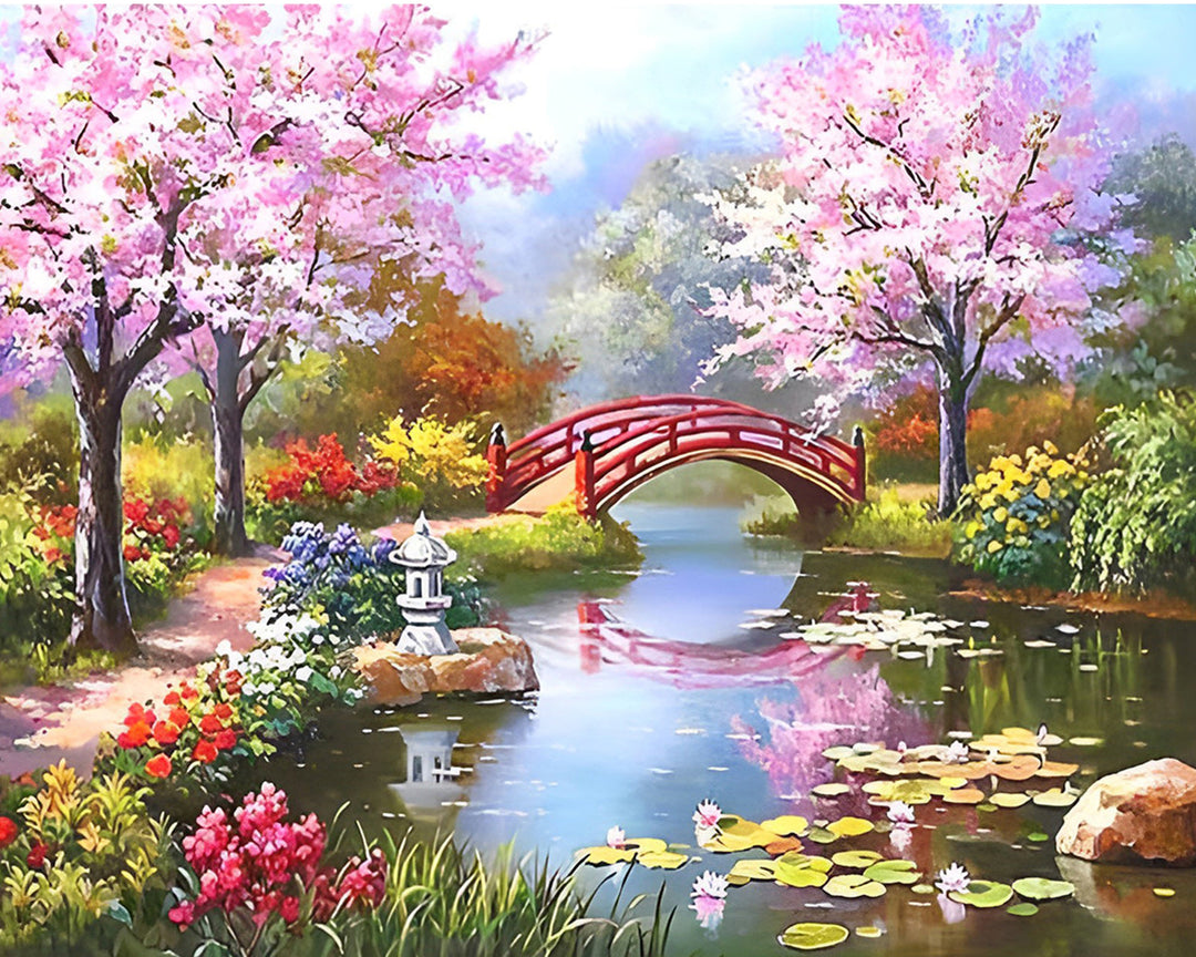 Meer, Brug en Roze Bloemenboom Diamond Painting