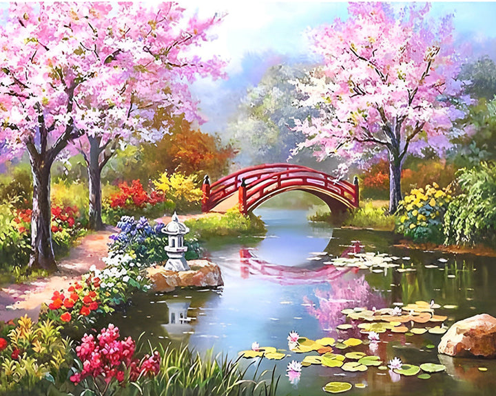 Meer, Brug en Roze Bloemenboom Diamond Painting