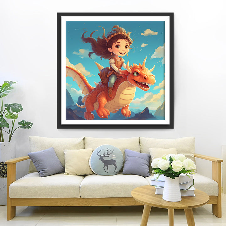 Meisje die op een Dinosaurus Rijdt Diamond Painting