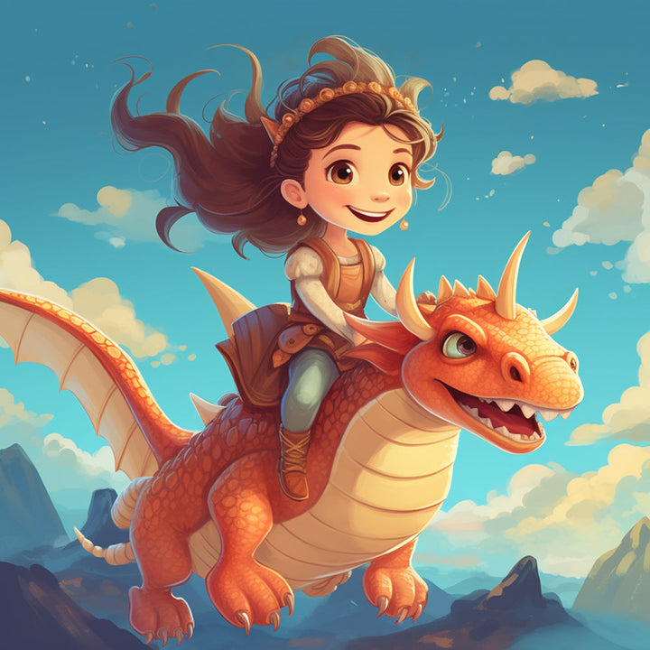 Meisje die op een Dinosaurus Rijdt Diamond Painting