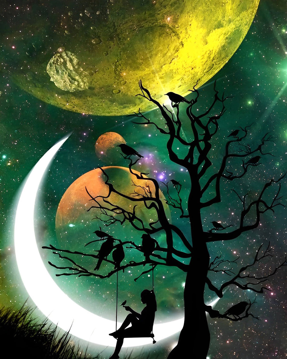 Meisje en Boom onder de Planeten Diamond Painting