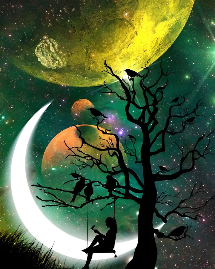 Meisje en Boom onder de Planeten Diamond Painting