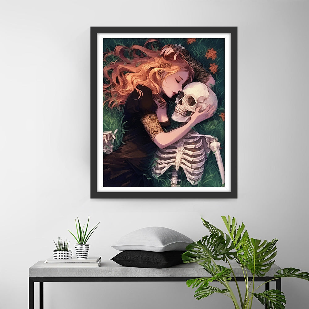 Meisje en Skelet Liggend op het Gras Diamond Painting