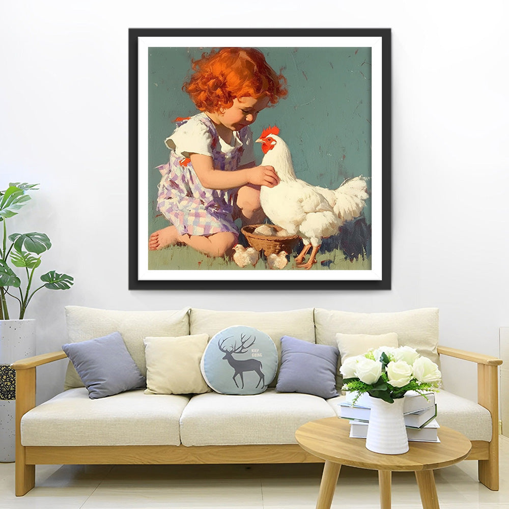 Meisje en Witte Kip Diamond Painting