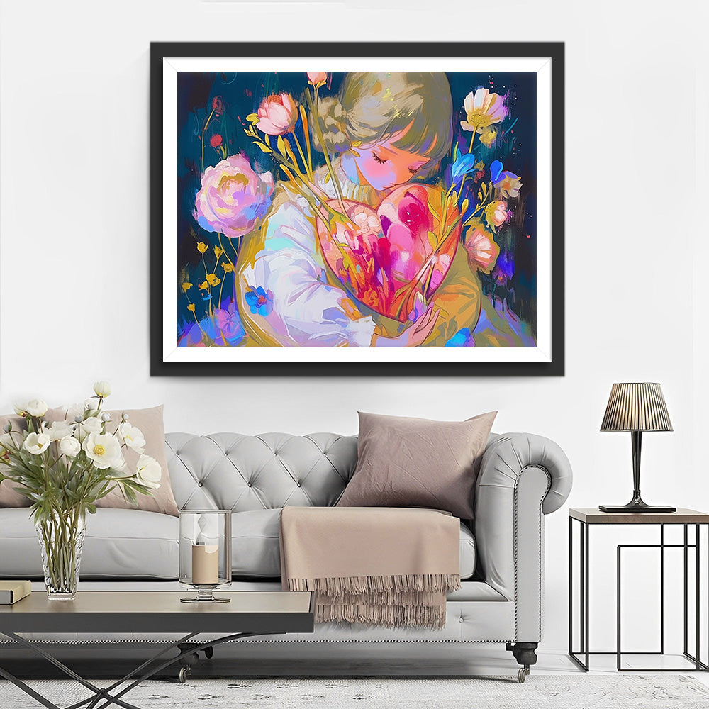 Meisje met Hartvormig Bloemenboeket Diamond Painting