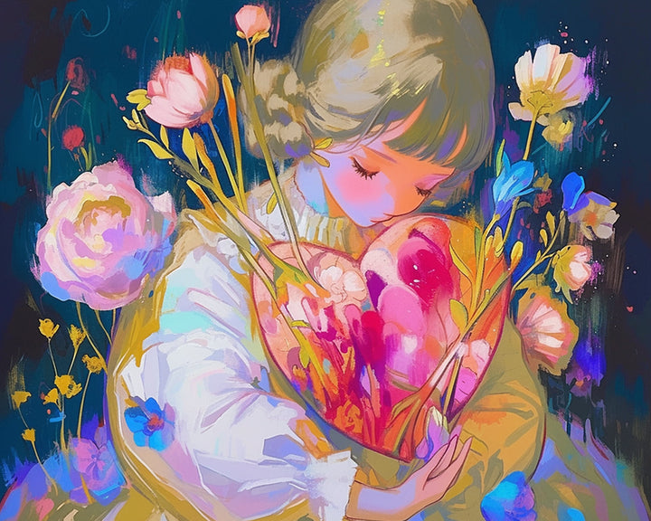 Meisje met Hartvormig Bloemenboeket Diamond Painting